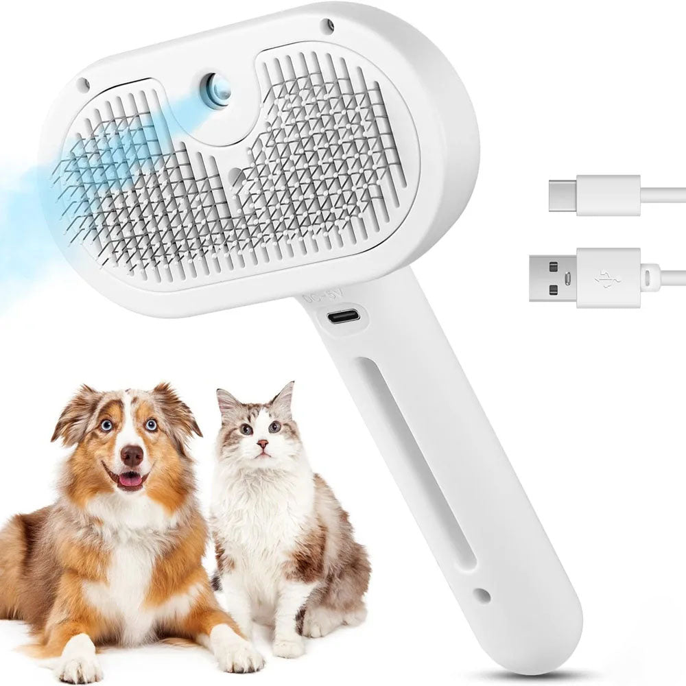 Steam grooming comb for pets with mist spray self cleaning deshedding brush