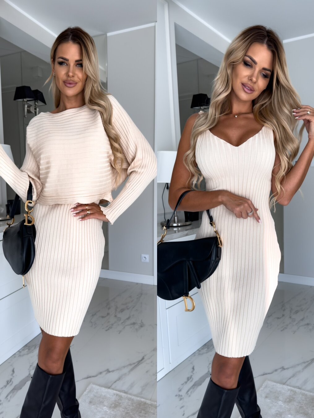 Women wearing a beige striped long-sleeve top paired with a matching suspender skirt set, slim-fit two-piece outfit for autumn and winter