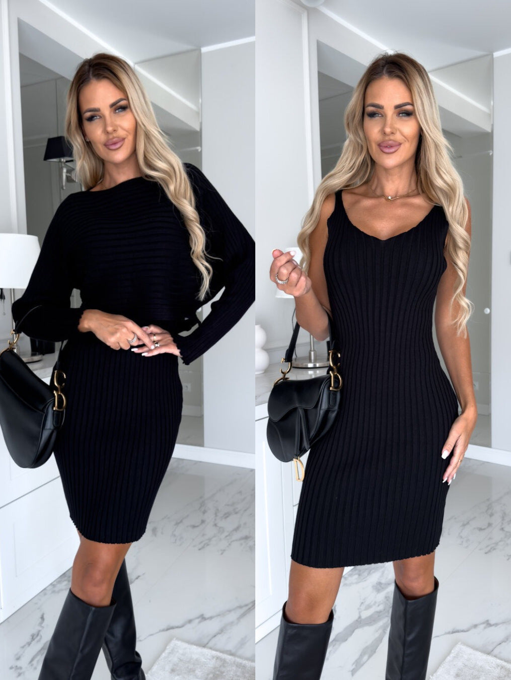 Women wearing a black striped long-sleeve top paired with a matching suspender skirt set, slim-fit two-piece outfit for autumn and winter