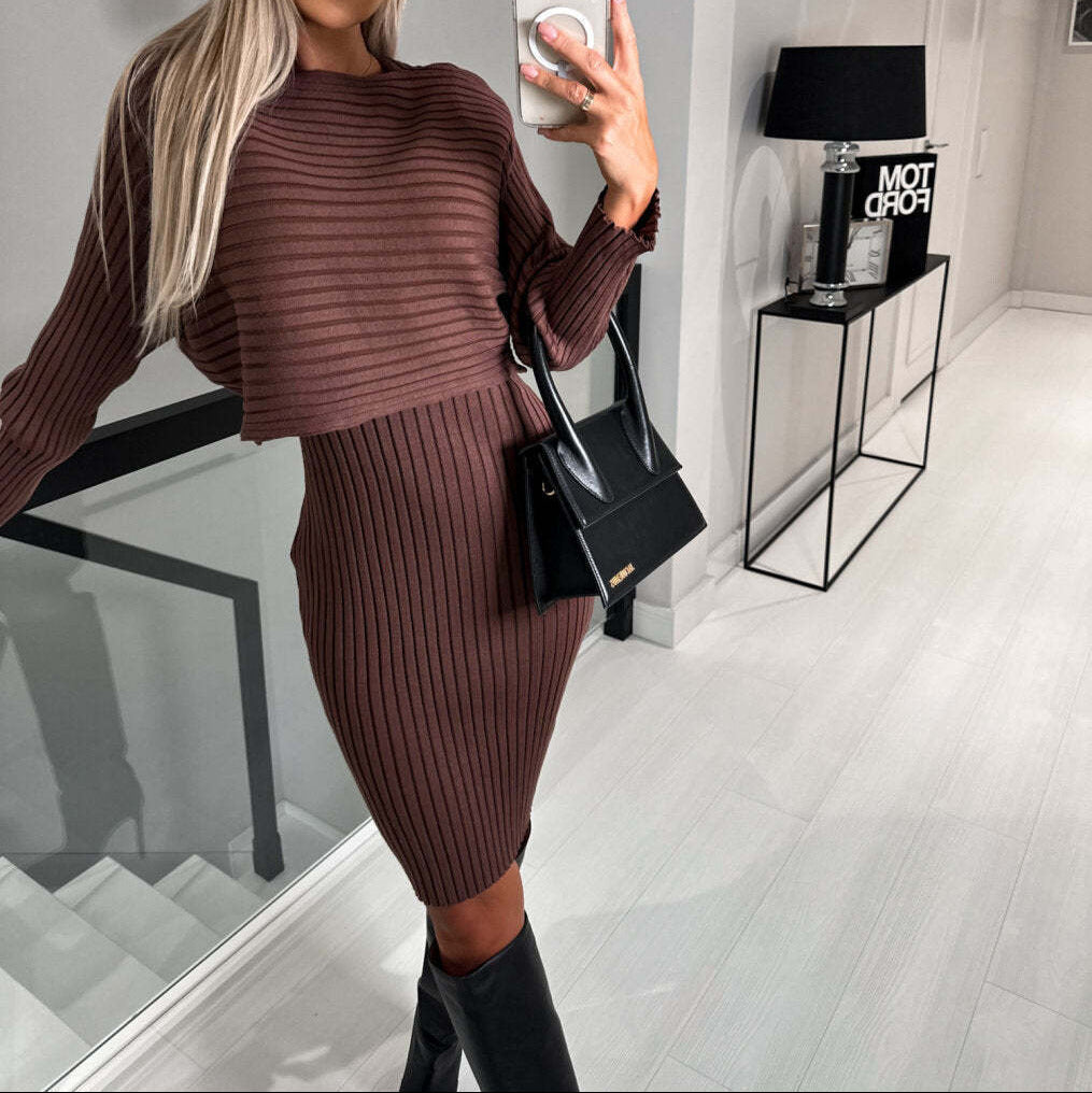 Woman wearing a brown striped long-sleeve top paired with a matching suspender skirt set, slim-fit two-piece outfit for autumn and winter (Color: Brown)