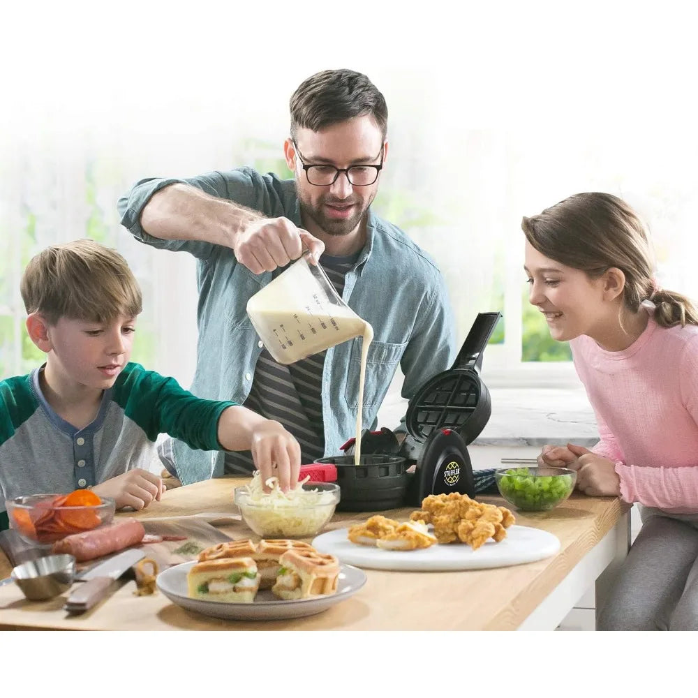 Stuffed waffle maker with rotating design nonstick plates and built in tongs for filled waffles depiction of easy filling