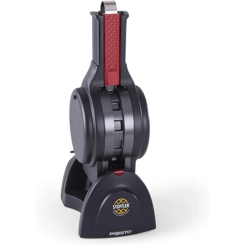Stuffed waffle maker with rotating design nonstick plates and built in tongs for filled waffles depiction of compact and easy storage