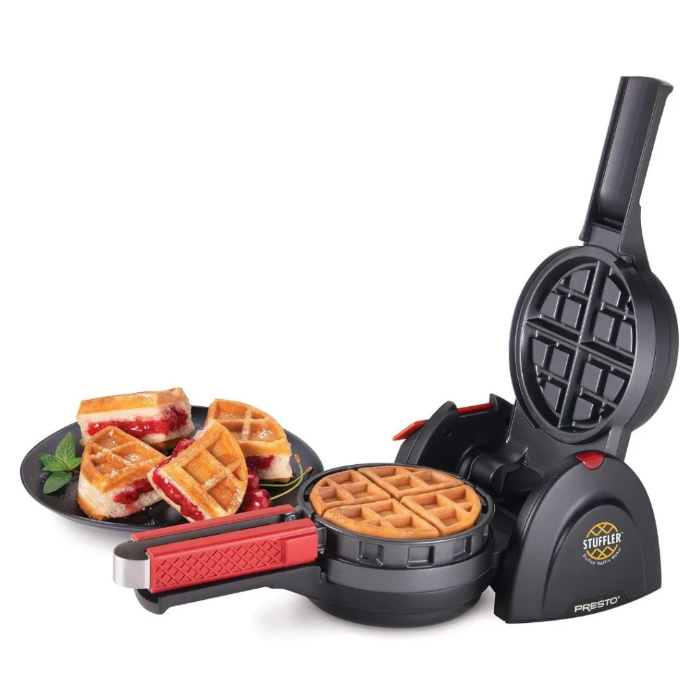 Stuffed waffle maker with rotating design nonstick plates and built in tongs for filled waffles