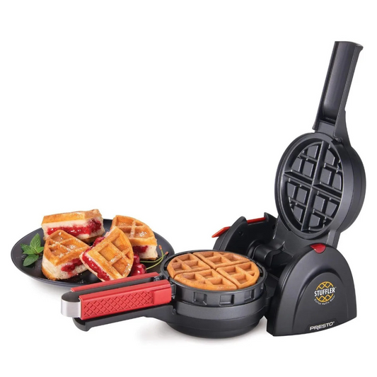 Stuffed waffle maker with rotating design nonstick plates and built in tongs for filled waffles