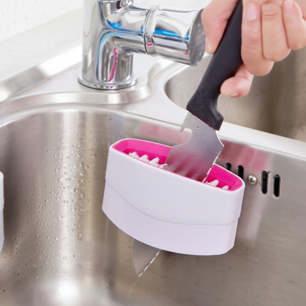 Suction cup kitchen cleaning brush for washing knives, forks, chopsticks, fruits, and vegetables depiction of cleaning a knife