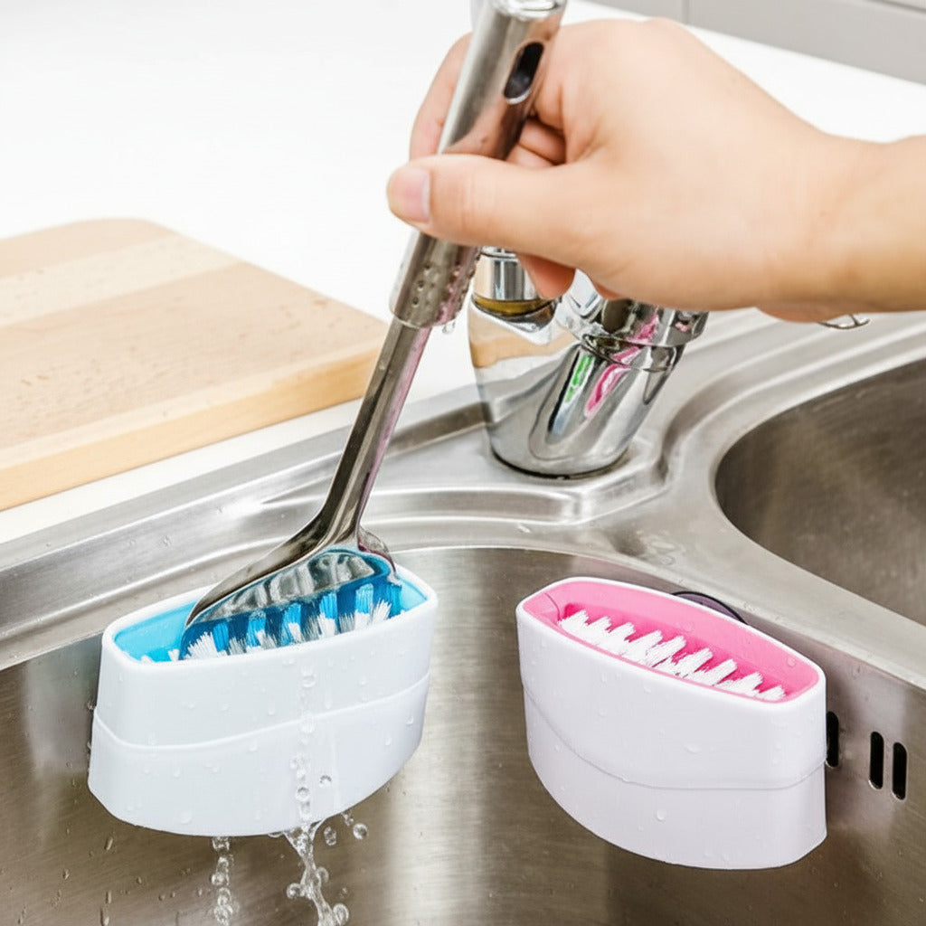 Suction cup kitchen cleaning brush for washing knives, forks, chopsticks, fruits, and vegetables depiction of cleaning a utensil