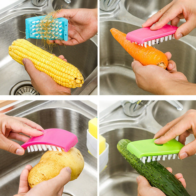 Suction cup kitchen cleaning brush for washing knives, forks, chopsticks, fruits, and vegetables depiction of cleaning vegetables