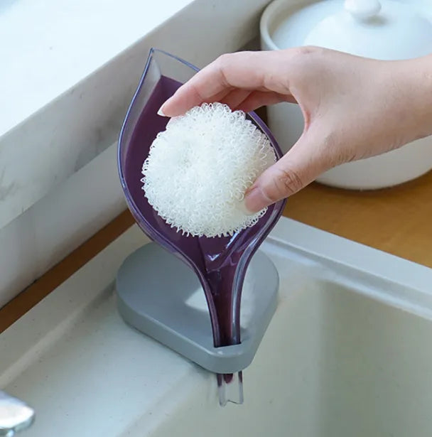 Suction cup sink soap and sponge holder with drain design for organizing kitchen cleaning tools with sponge