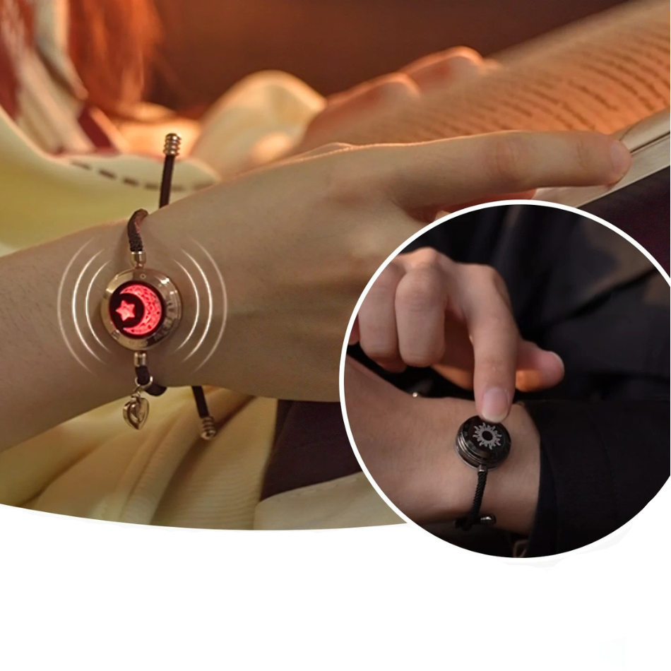 Sun and moon long distance love bracelets with vibration light connection and app control depiction of press and vibration