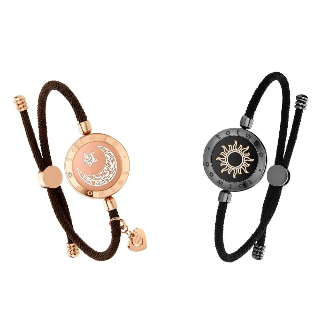 Sun and moon long distance love bracelets in black and gold color and in fabric material with vibration light connection and app control (Color: Black & Gold) (Material: Fabric)