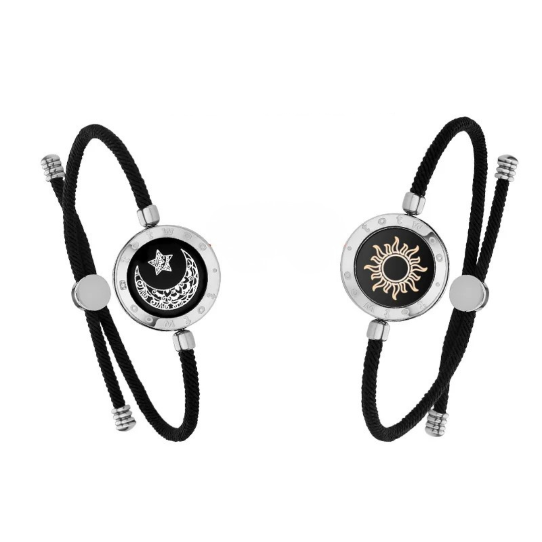 Sun and moon long distance love bracelets in silver color and in fabric material with vibration light connection and app control (Color: Silver) (Material: Fabric)