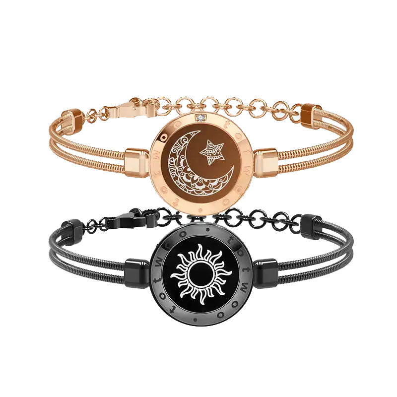 Sun and moon long distance love bracelets in black and gold color and in steel material with vibration light connection and app control (Color: Black & Gold) (Material: Steel)