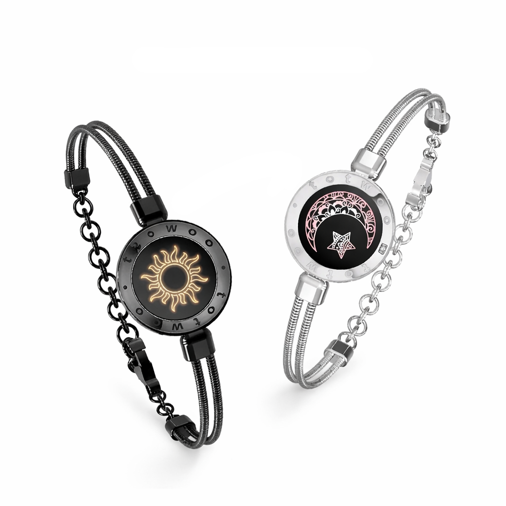 Sun and moon long distance love bracelets in black and silver color and in steel material with vibration light connection and app control (Color: Black & Silver) (Material: Steel)