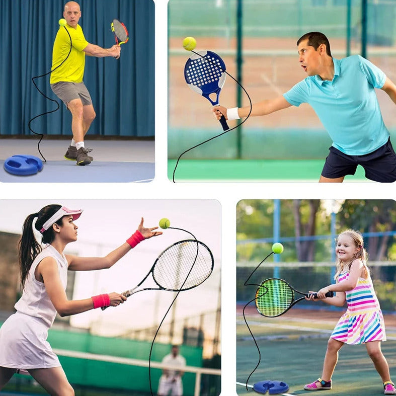Tennis rebound trainer with weighted base elastic string and ball for solo practice training depiction of play