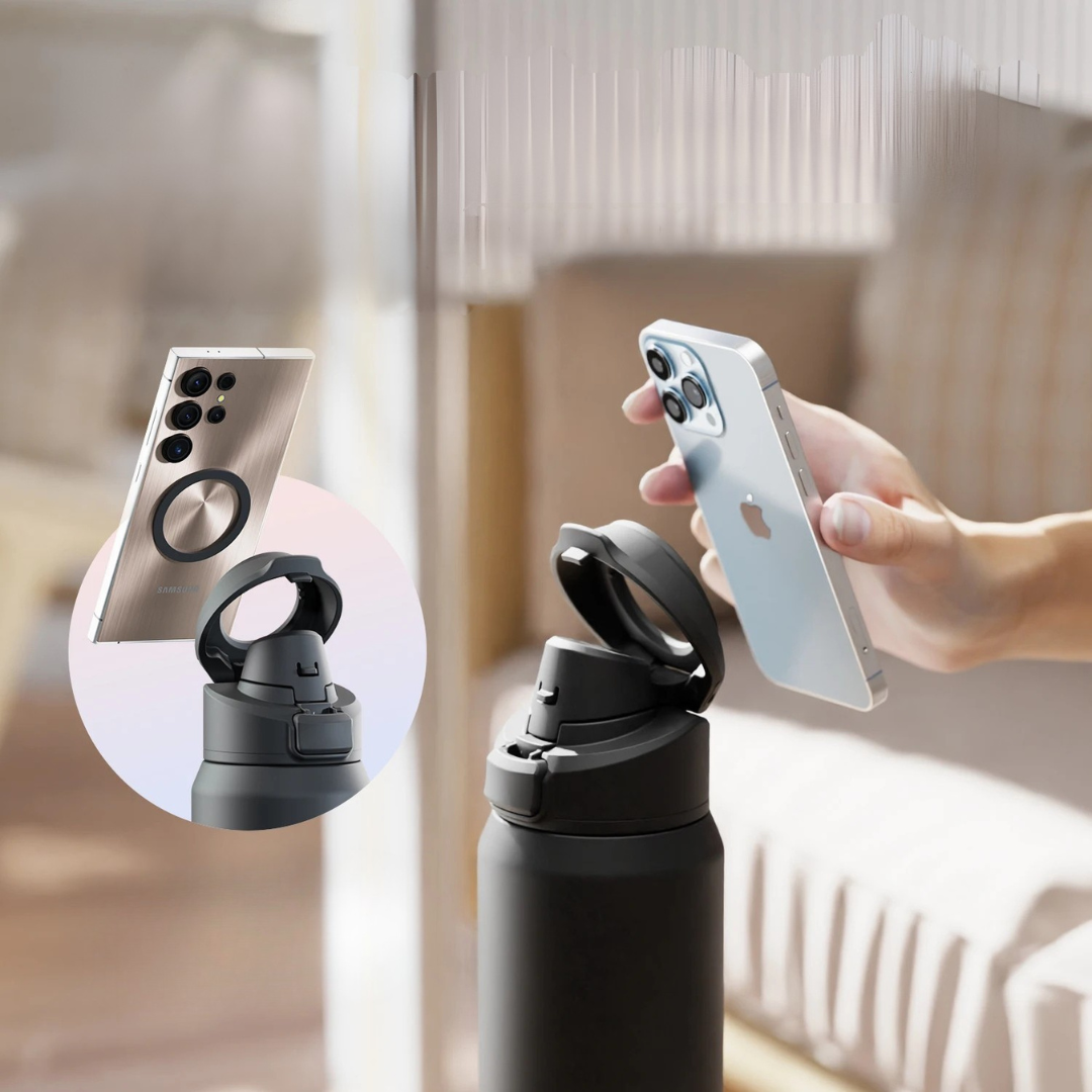 Stainless steel thermos with magnetic phone holder and insulated leak proof design for gym travel and daily use depiction of magnetic phone holder