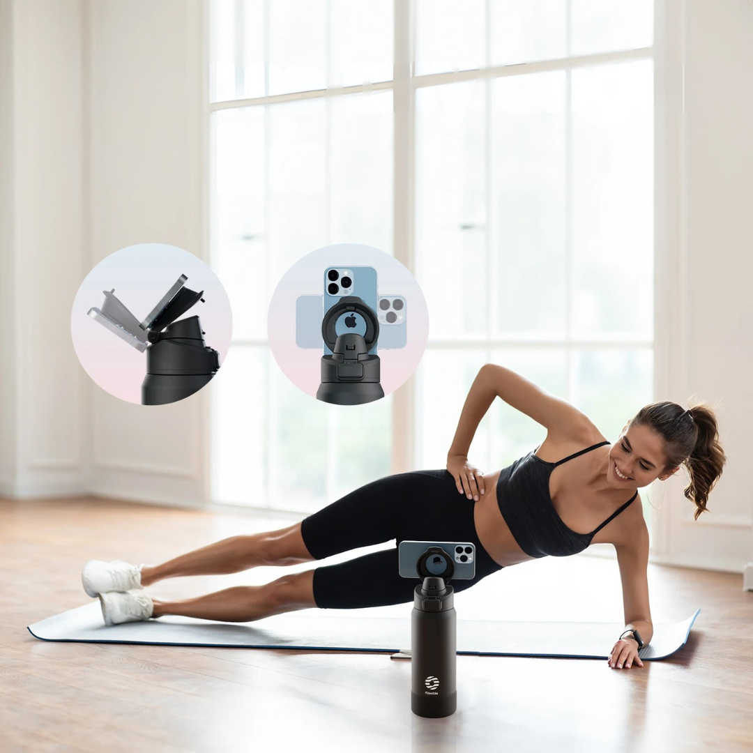 Stainless steel thermos with magnetic phone holder and insulated leak proof design for gym travel and daily use depiction of use in gym