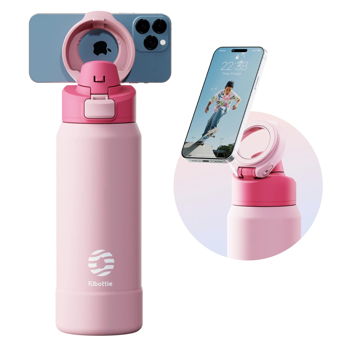 Stainless steel thermos in pink color with magnetic phone holder and insulated leak proof design for gym travel and daily use (Color: Pink)