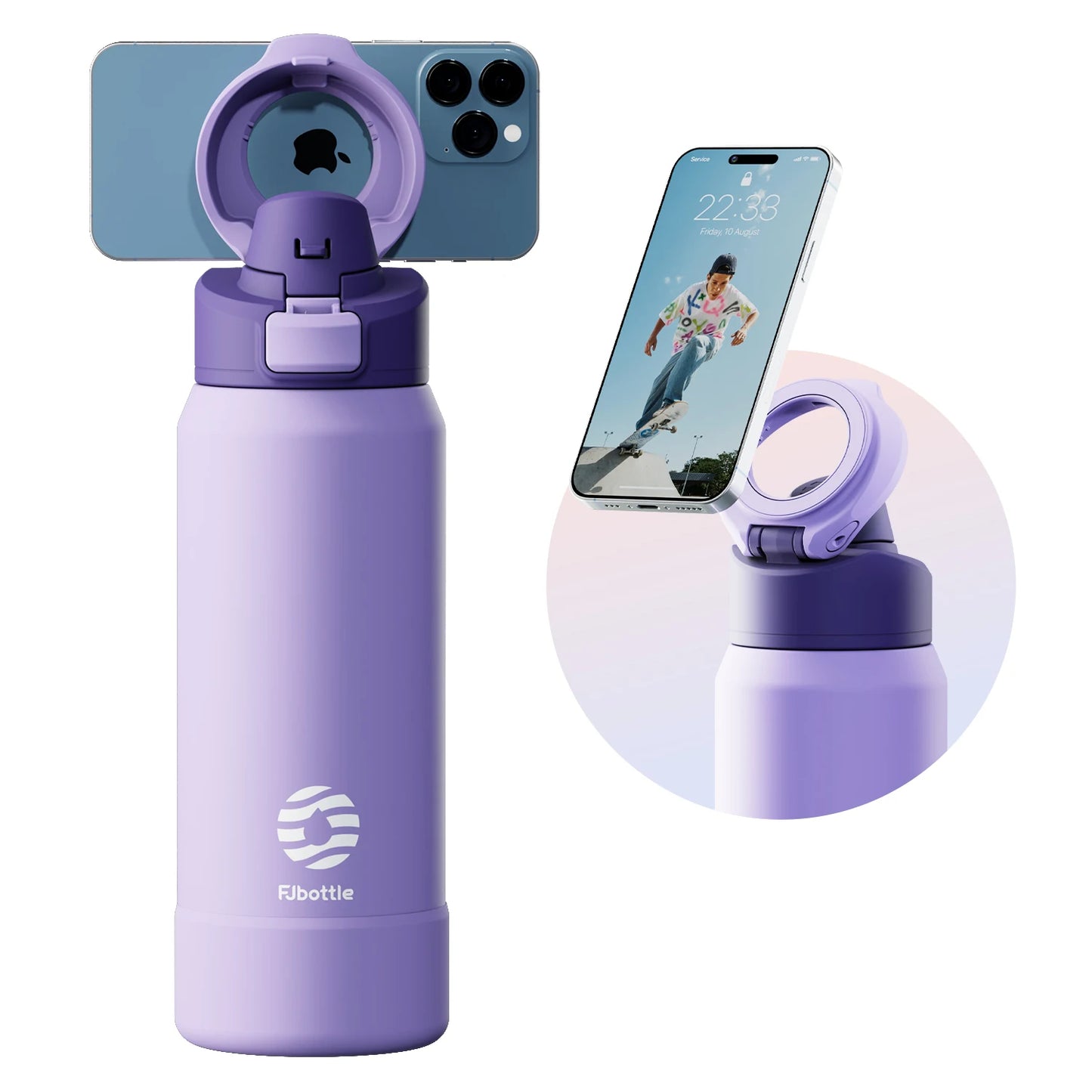 Stainless steel thermos in purple color with magnetic phone holder and insulated leak proof design for gym travel and daily use (Color: Purple)