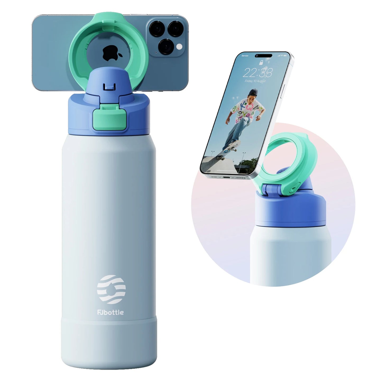 Stainless steel thermos in sky blue color with magnetic phone holder and insulated leak proof design for gym travel and daily use (Color: Sky Blue)