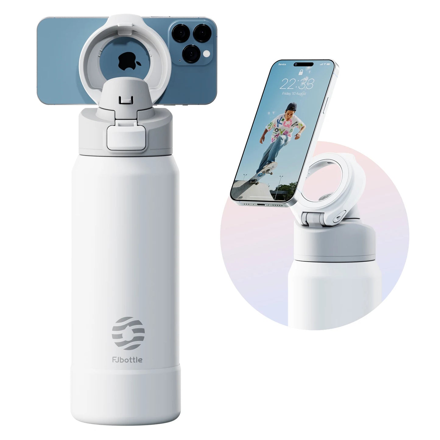 Stainless steel thermos in white color with magnetic phone holder and insulated leak proof design for gym travel and daily use (Color: White)