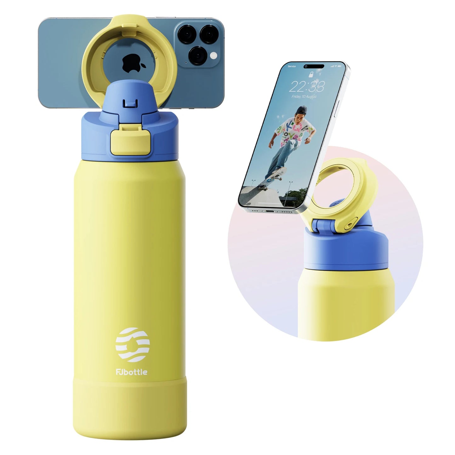 Stainless steel thermos in yellow color with magnetic phone holder and insulated leak proof design for gym travel and daily use (Color: Yellow)