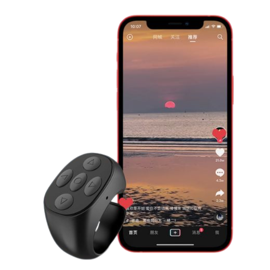 Bluetooth tiktok remote control for hands free scrolling video control and smartphone camera use depiction of use