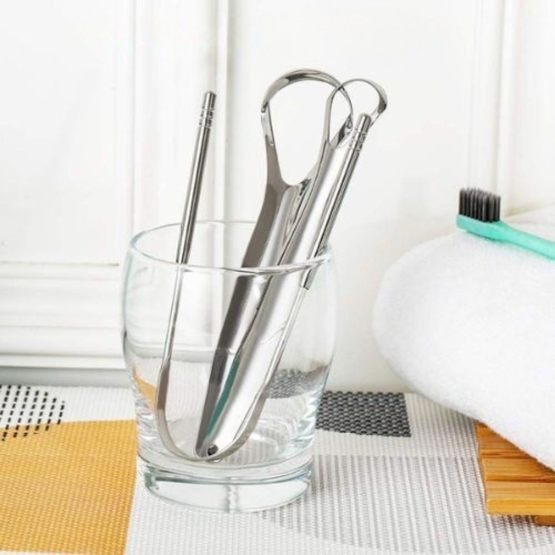 Tongue cleaner set with curved metal design for fresher oral hygiene and tongue cleaning care product shot in bathroom
