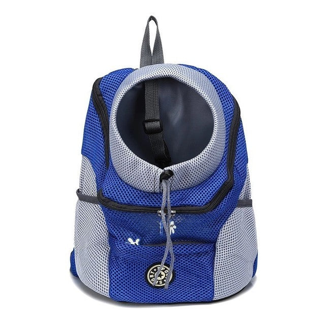 Travel dog backpack in blue color with breathable mesh design adjustable safety straps and storage pockets for pets (Color: Blue)