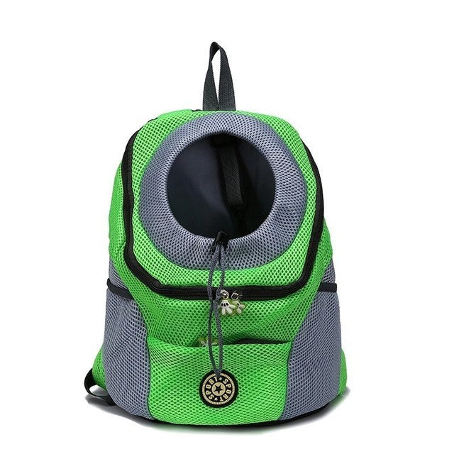 Travel dog backpack in green color with breathable mesh design adjustable safety straps and storage pockets for pets (Color: Green)