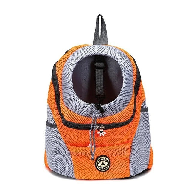 Travel dog backpack in orange color with breathable mesh design adjustable safety straps and storage pockets for pets (Color: Orange)