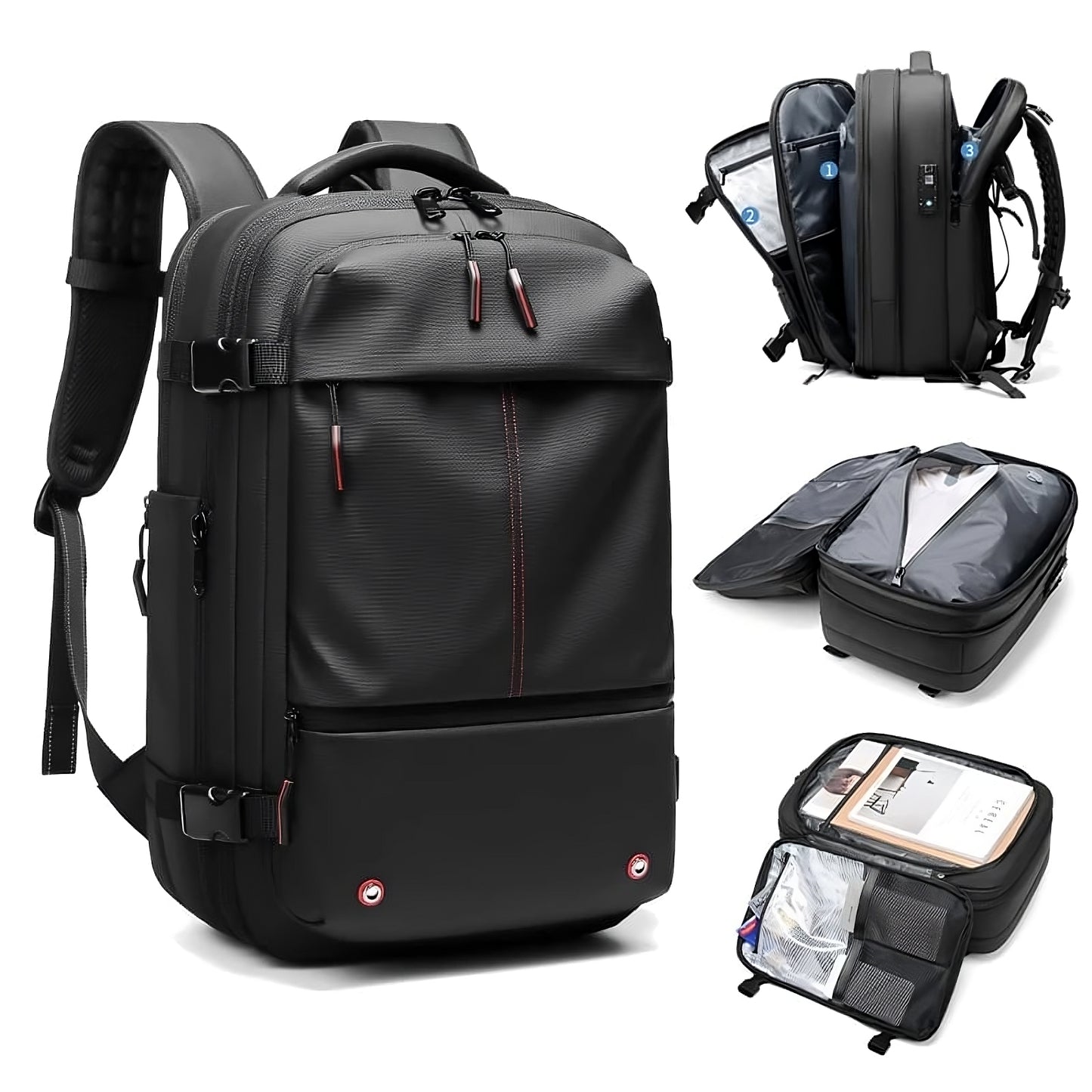 Travel vacuum compression backpack with space saving design and organized compartments for carry on travel alternate product shot