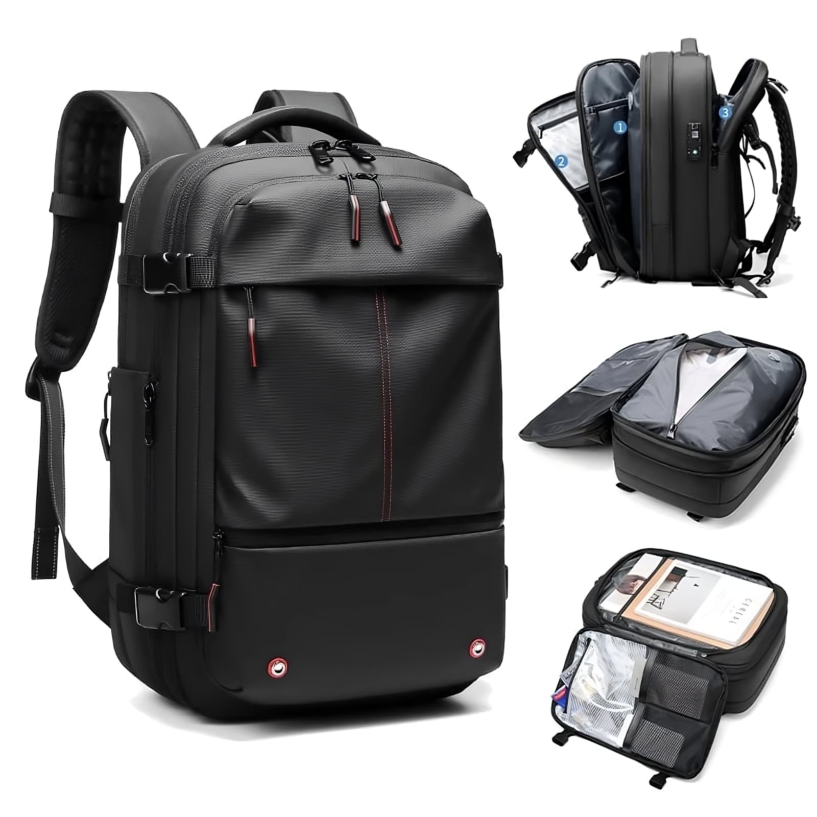 Travel vacuum compression backpack with space saving design and organized compartments for carry on travel alternate product shot