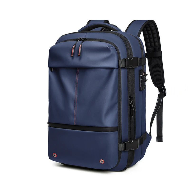 Travel vacuum compression backpack in blue color with space saving design and organized compartments for carry on travel (Color: Blue)