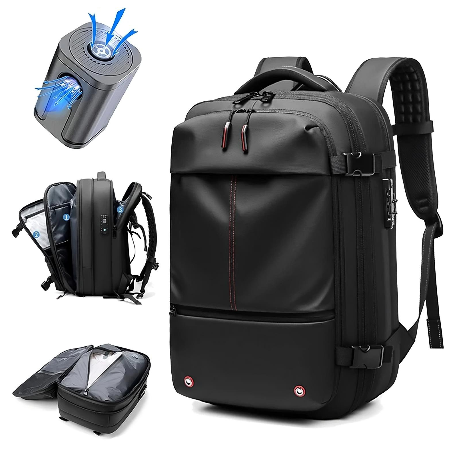Travel vacuum compression backpack with space saving design and organized compartments for carry on travel
