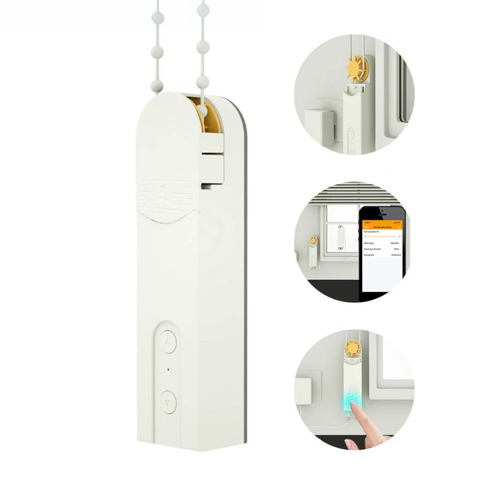 Tuya smart blinds motor with app control voice assistant compatibility and automated roller shades depiction of various controlling methods