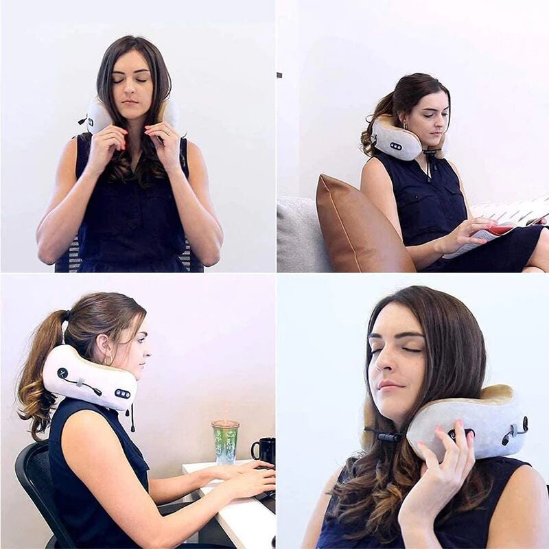 U shaped neck massager pillow with kneading nodes for relaxation and travel comfort depiction of use cases