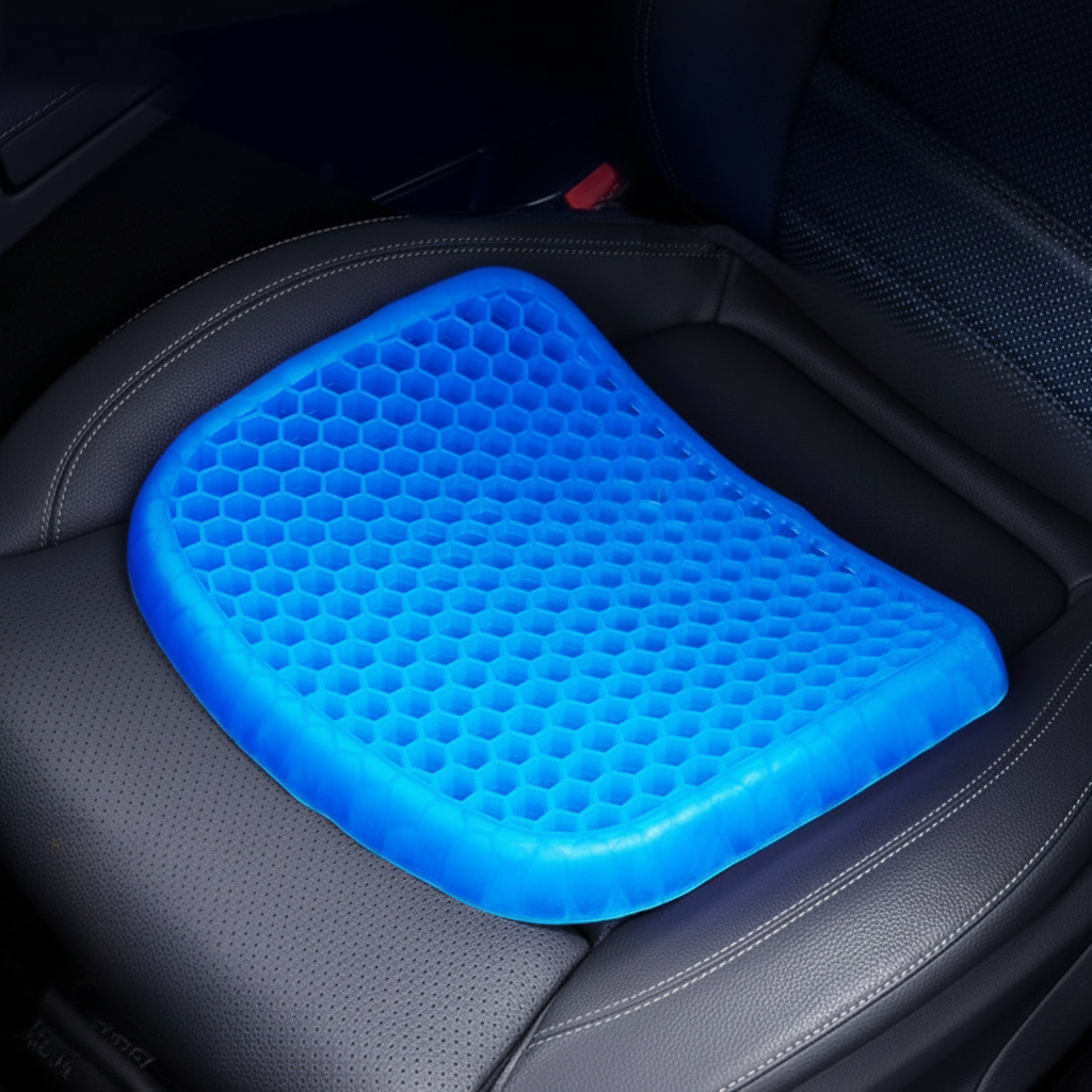 Ultra comfort honeycomb gel seat cushion for pressure relief cooling support for office chair and car seat product shot on a car seat