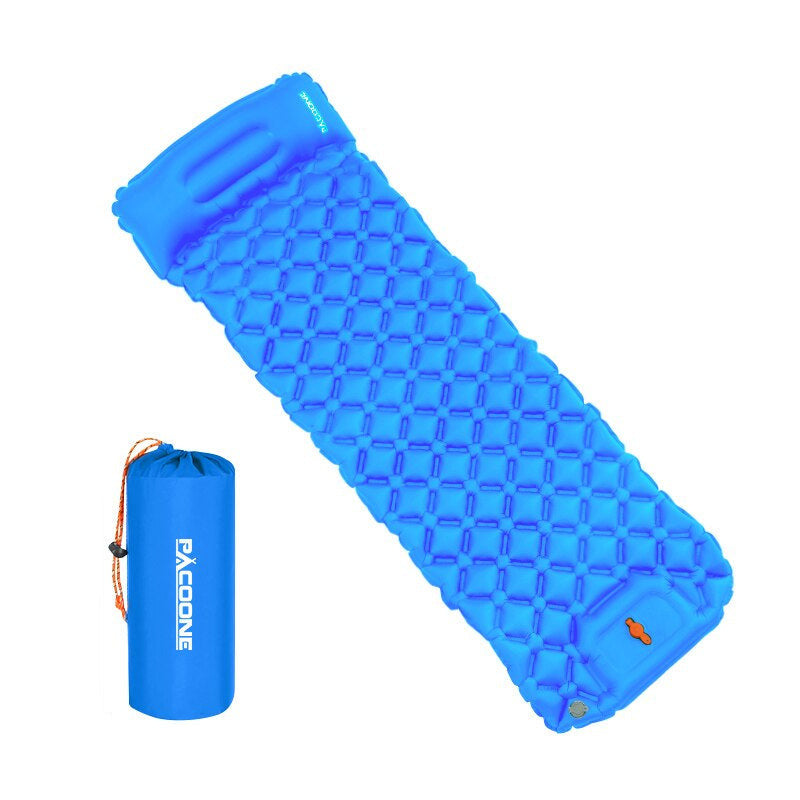 Ultralight inflatable camping mattress in blue color with built in foot pump compact portable sleeping pad (Color: Blue)