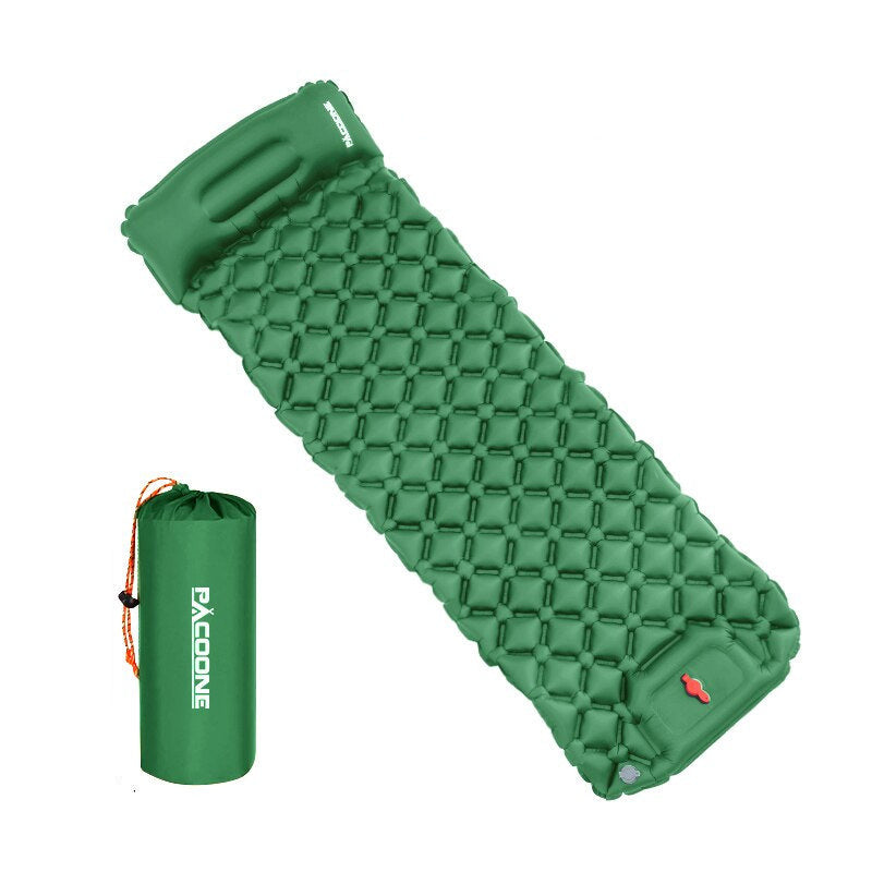 Ultralight inflatable camping mattress in green color with built in foot pump compact portable sleeping pad (Color: Green)