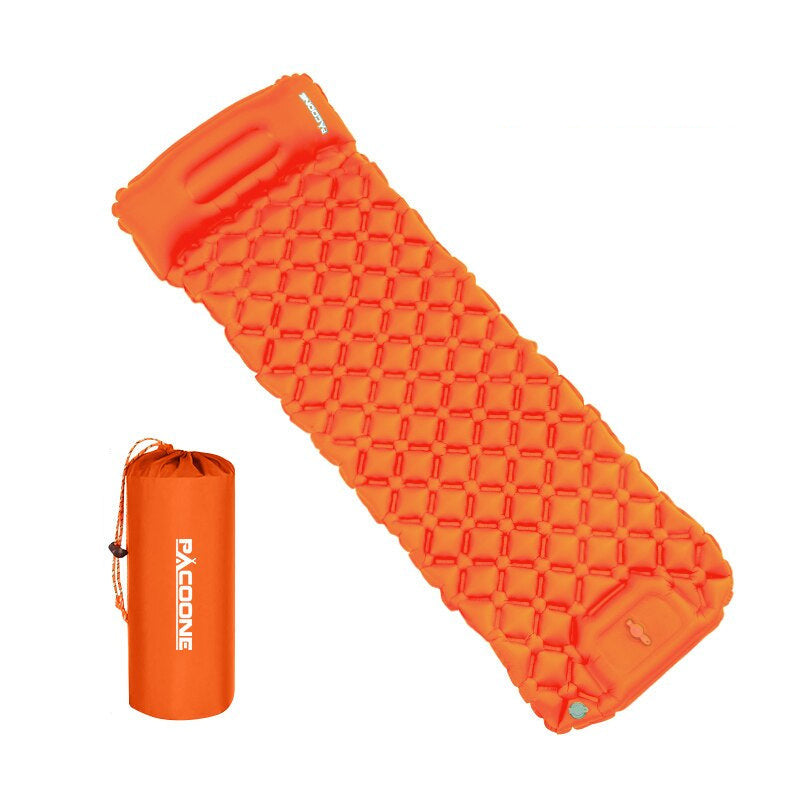 Ultralight inflatable camping mattress in orange color with built in foot pump compact portable sleeping pad (Color: Orange)