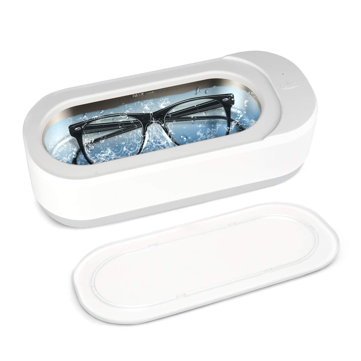 Ultrasonic glasses and jewelry cleaner for cleaning rings eyewear and small items depiction of cleaning eye glasses