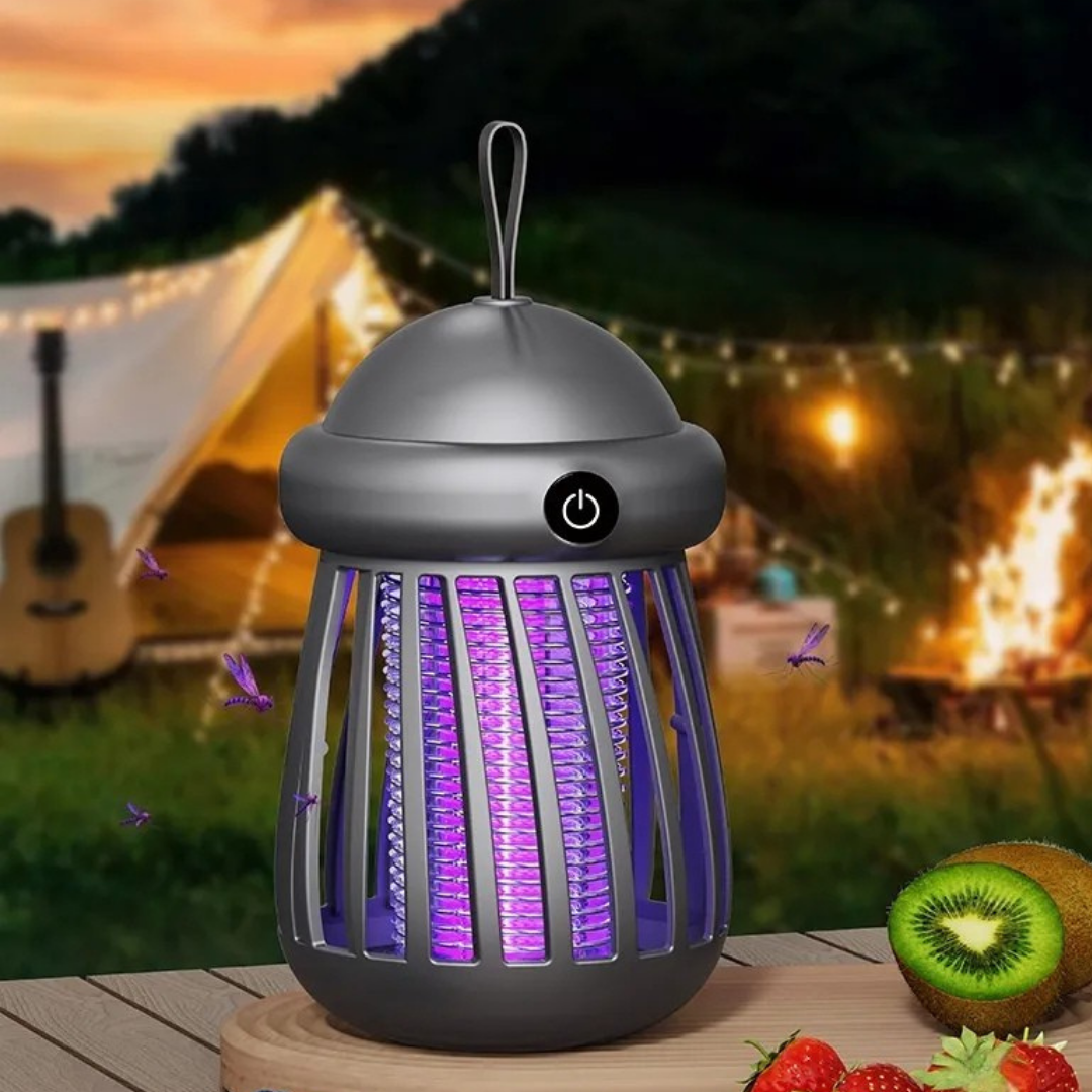 USB rechargeable mosquito killer lamp with electric insect trap design for quiet indoor and outdoor use depiction of outdoor use