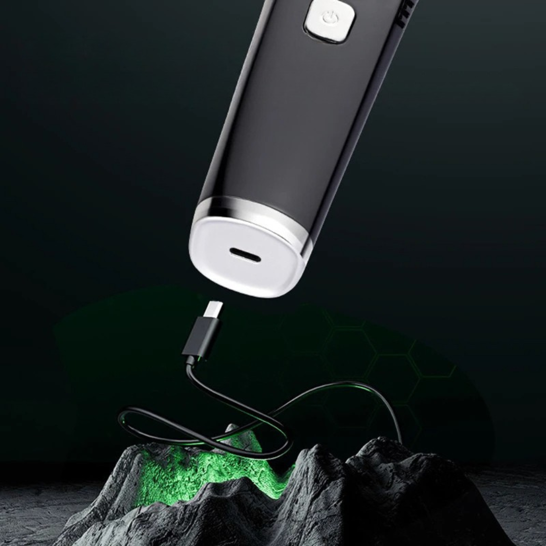 Vacuum beard trimmer with built in suction for mess free grooming and adjustable trimming lengths depiction of charging