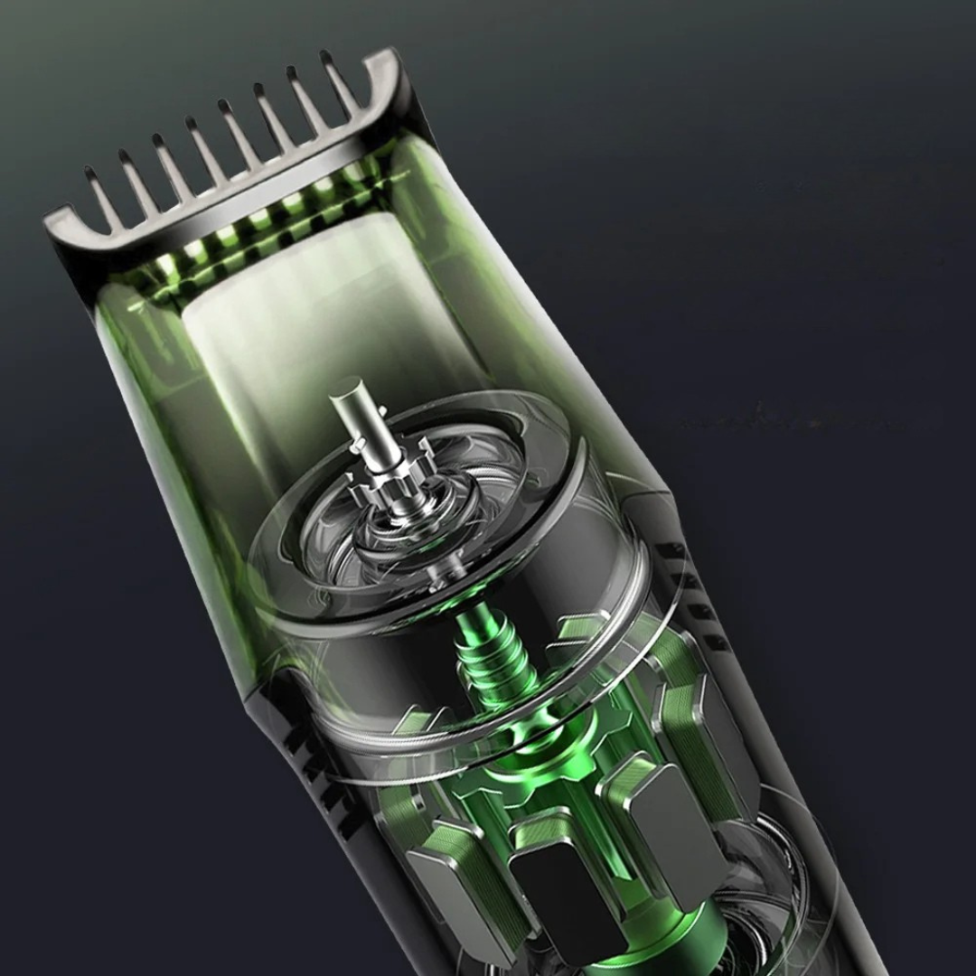 Vacuum beard trimmer with built in suction for mess free grooming and adjustable trimming lengths depiction of dual motor