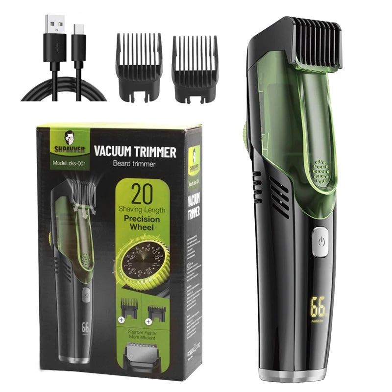 Vacuum beard trimmer with built in suction for mess free grooming and adjustable trimming lengths