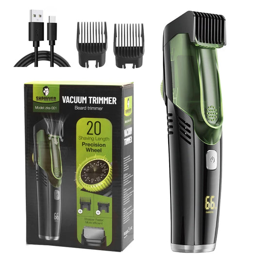 Vacuum beard trimmer with built in suction for mess free grooming and adjustable trimming lengths