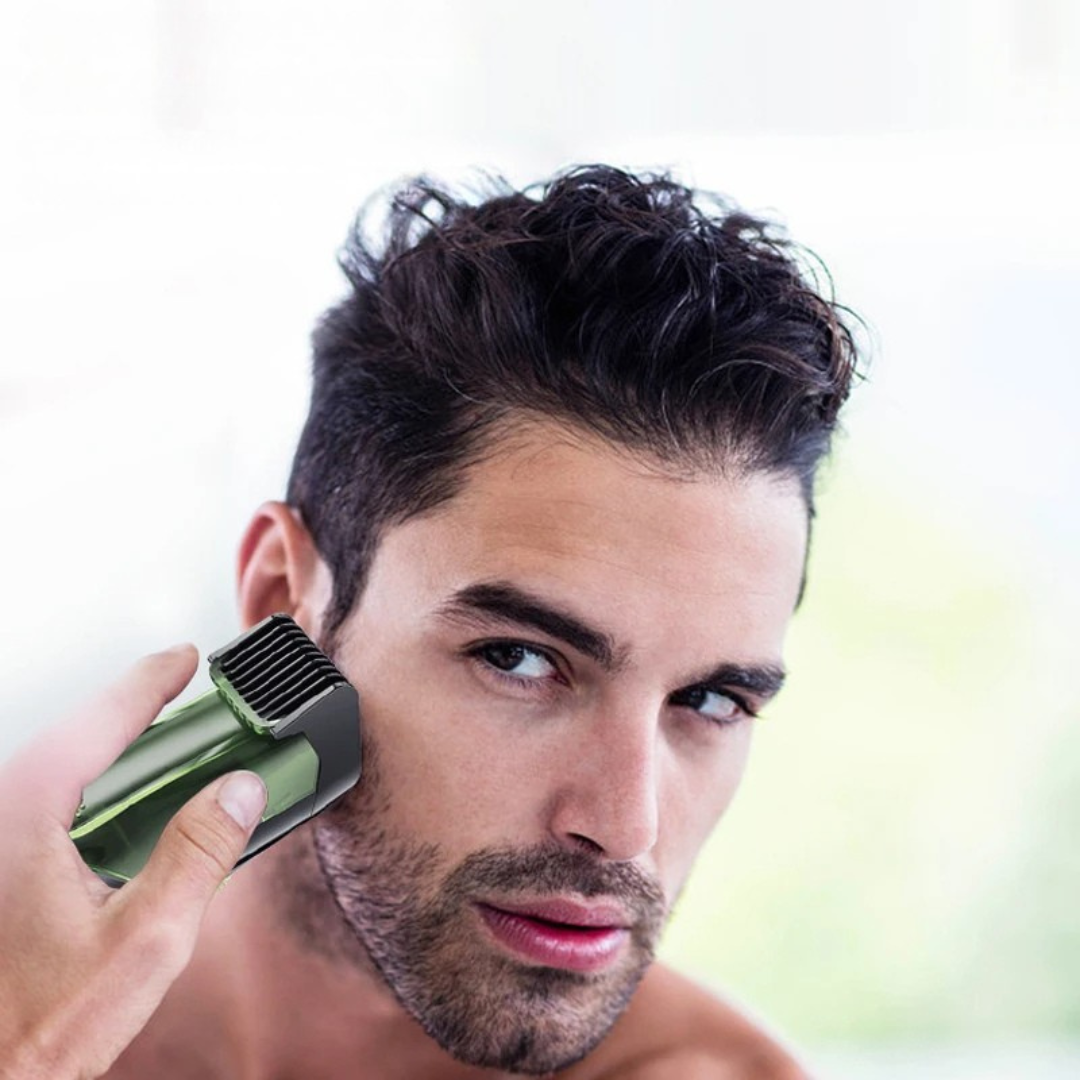 Vacuum beard trimmer with built in suction for mess free grooming and adjustable trimming lengths model shot