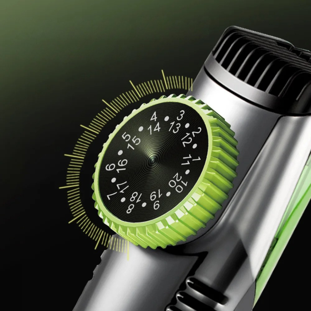 Vacuum beard trimmer with built in suction for mess free grooming and adjustable trimming lengths depiction of precision wheel