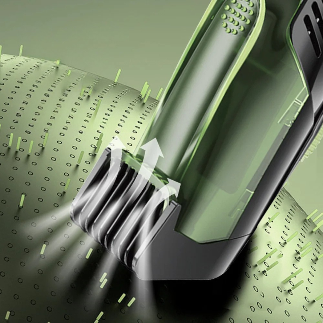 Vacuum beard trimmer with built in suction for mess free grooming and adjustable trimming lengths depiction of vacuum