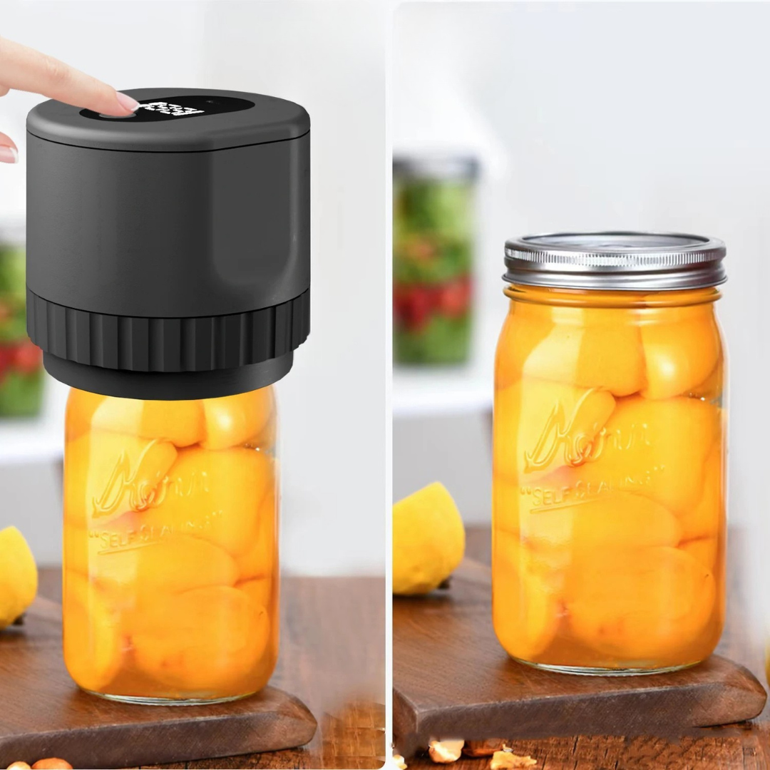 Vacuum jar sealer for mason jars to keep food fresh with portable sealing system contents depiction of use